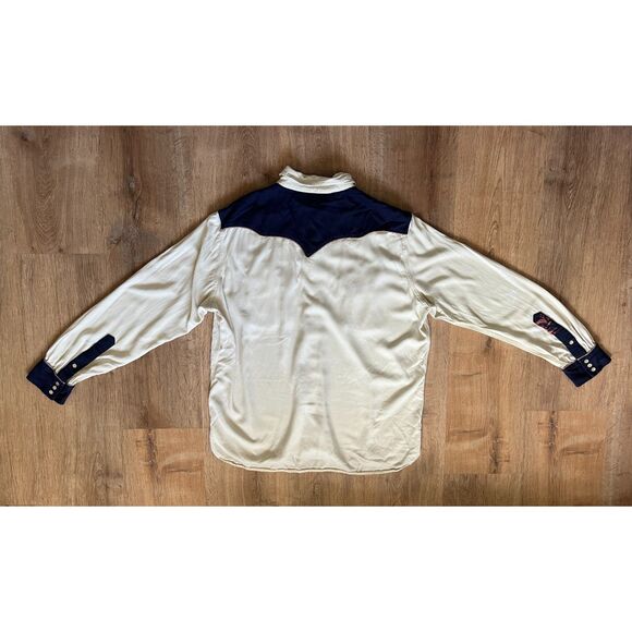 Vintage The J. Peterman Co Ivory Blue Pearl Snap Western Shirt Top  Mens Size XL - Picture 7 of 14
